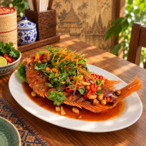 Knuspriger Thai-Fisch mit Kräutersalat