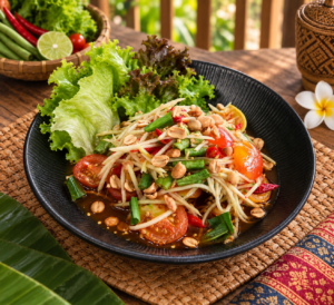 Rustikales Som Tam auf Thai-Tisch