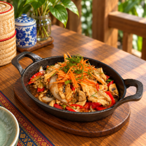 Thailändische Hähnchen-Gemüsepfanne im Gusseisen skillet